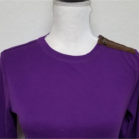 RALPH Lauren Purple Brown Faux Suede Elbow Patch Shoulder Zip Long Sleeve Top - Picture 3 of 13